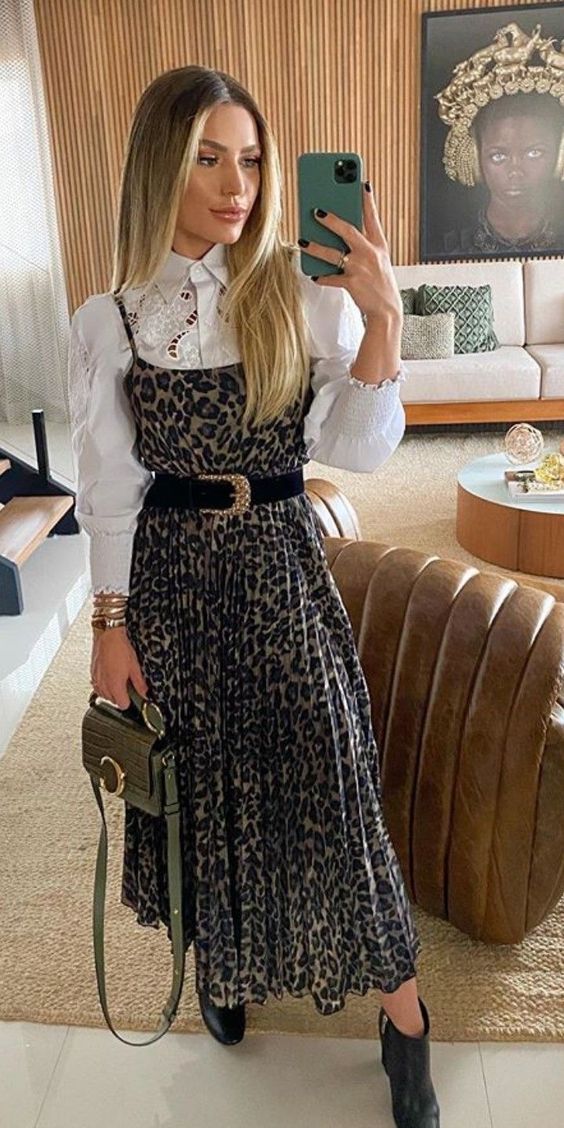 Leopard Print Sundress with White Blouse and Belt